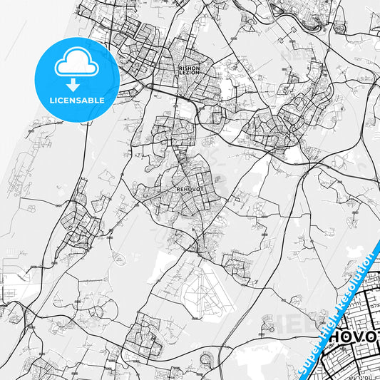 Rehovot, Israel light map with streetnames, citynames and districts