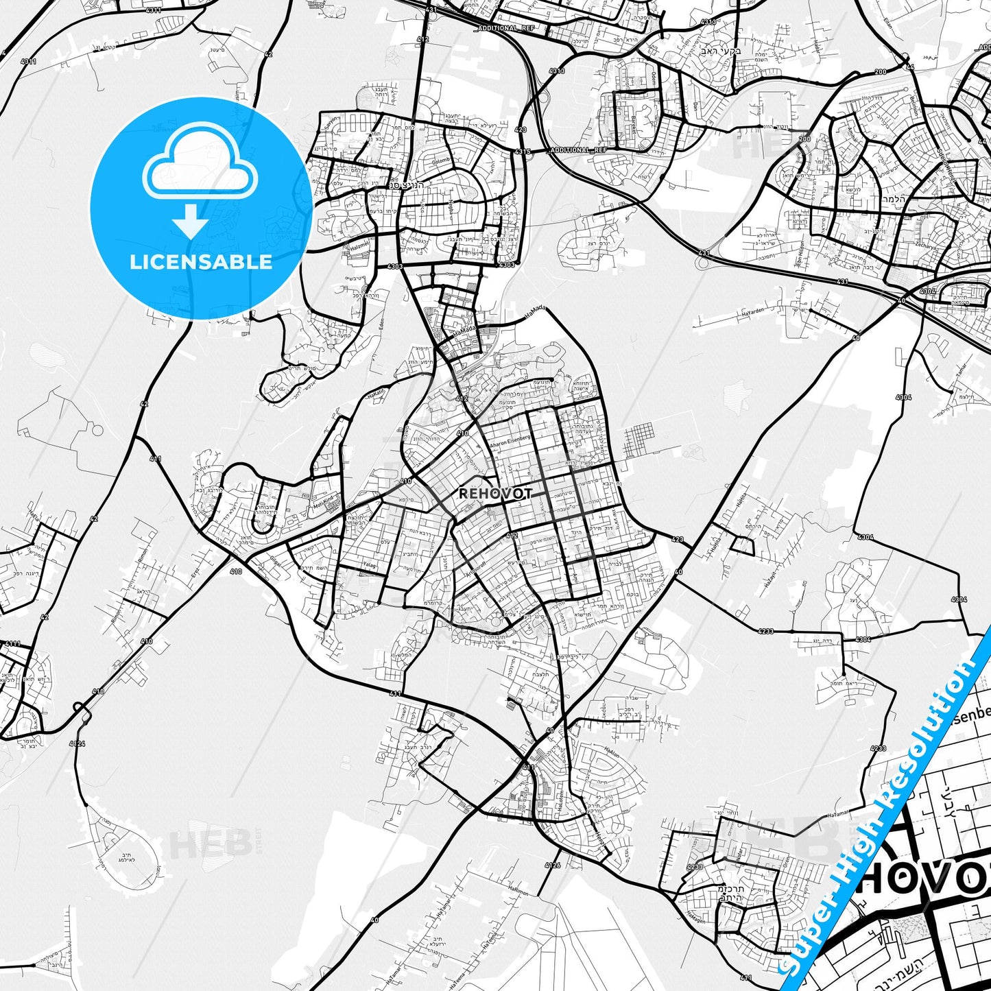 Rehovot, Israel Light Map with Street Names, City Names, and Districts