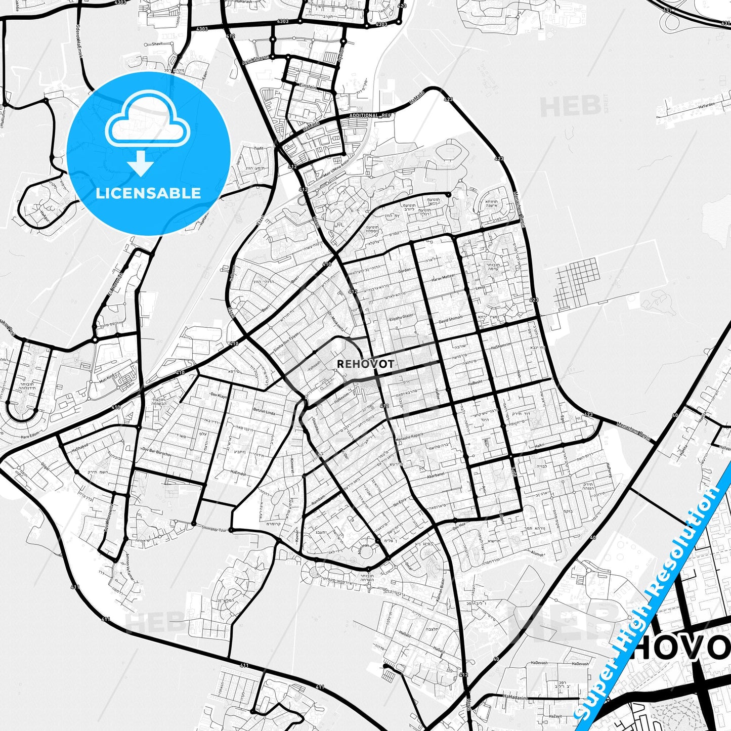 Rehovot, Israel Light Map with Street Names, City Names, and Districts