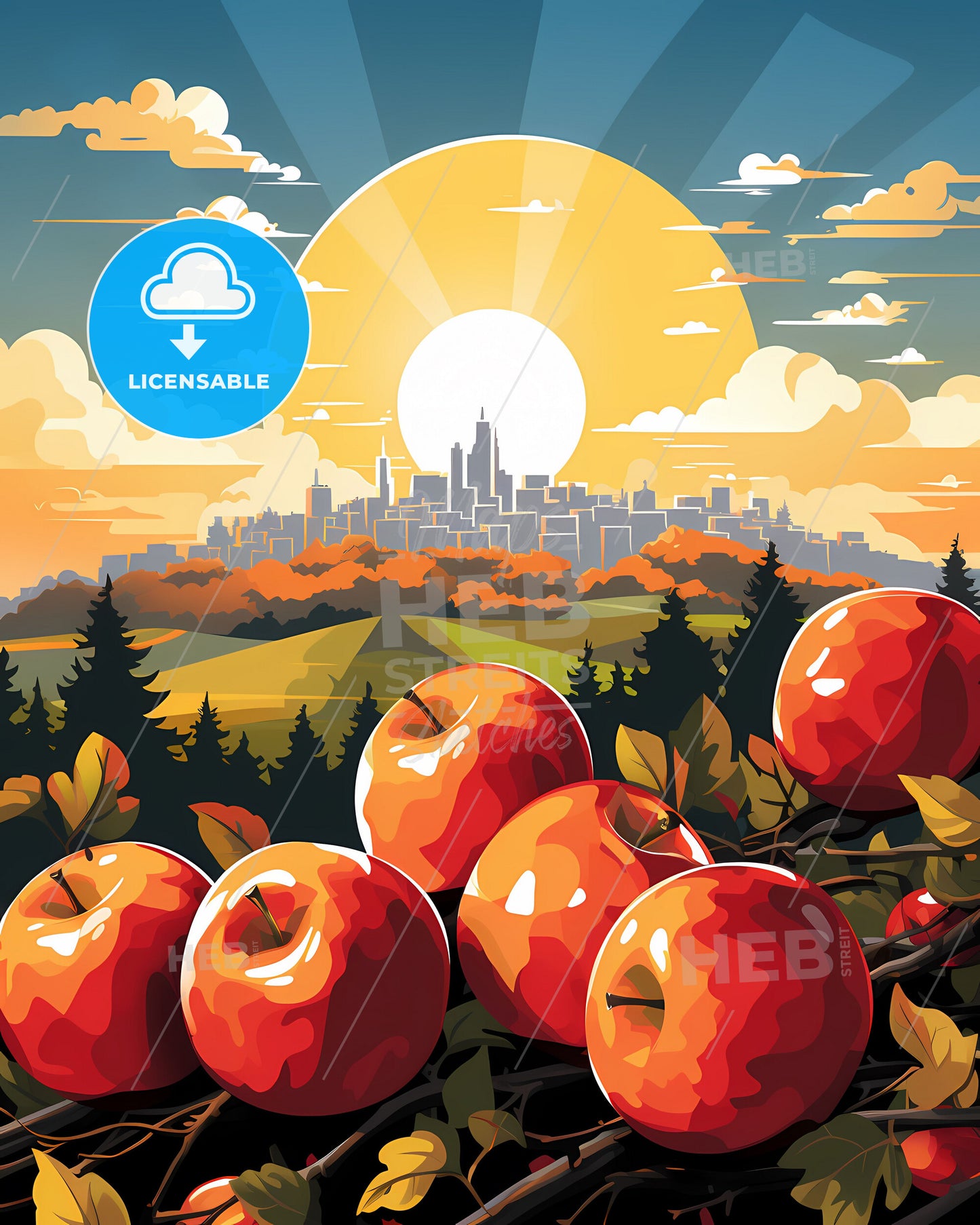 Vibrant Painting with Apples and City Skyline, Depicting the Beauty of Rehovot Israel