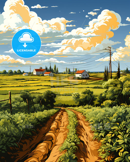 Vibrant Painting of Rehovot Skyline - Farm Dirt Road Artistic Landscape