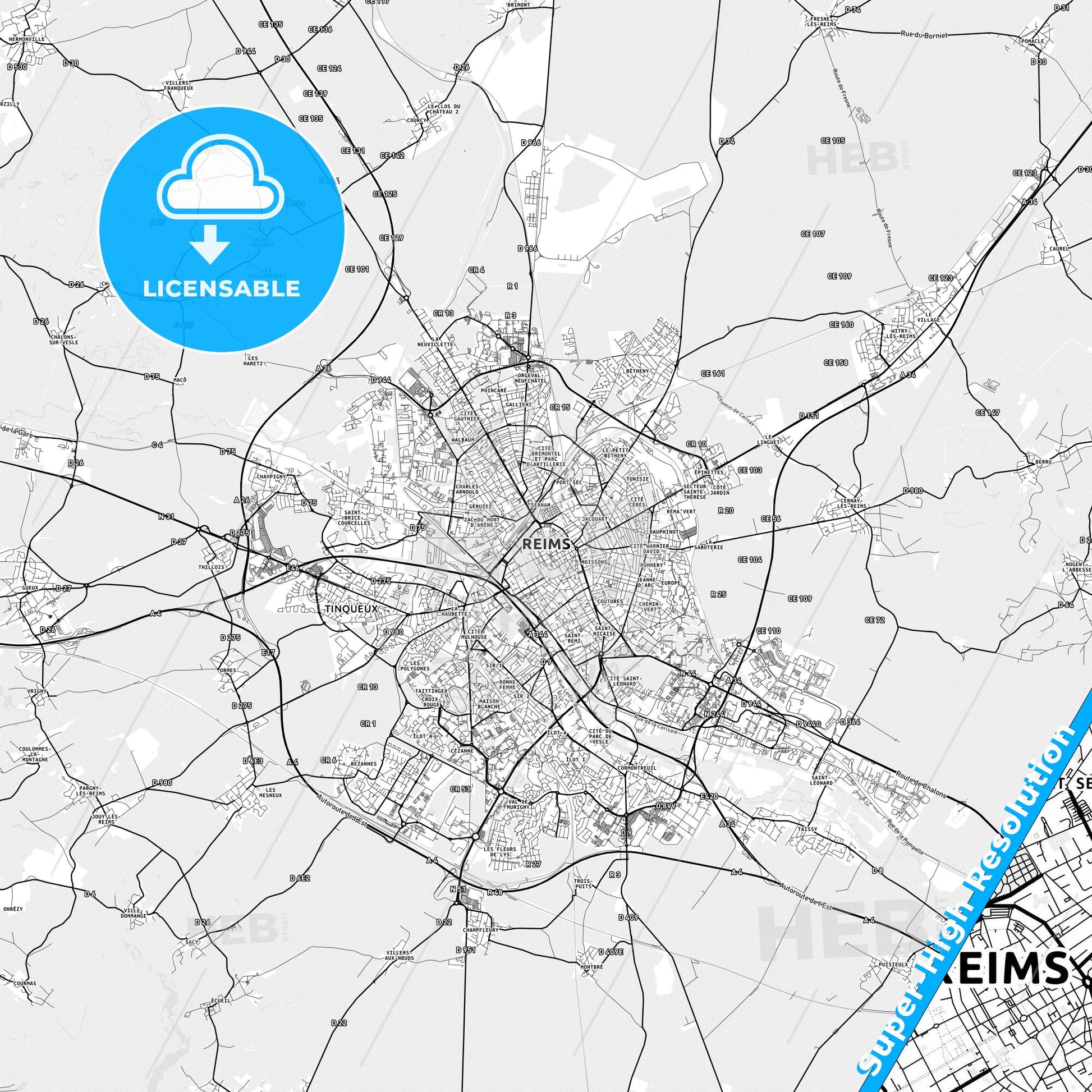 Reims, France light map with streetnames, citynames and districts