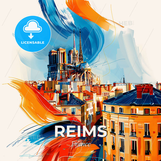 Vibrant Reims, France - A Painting Of A City With Buildings And A Cathedral - Square format print template