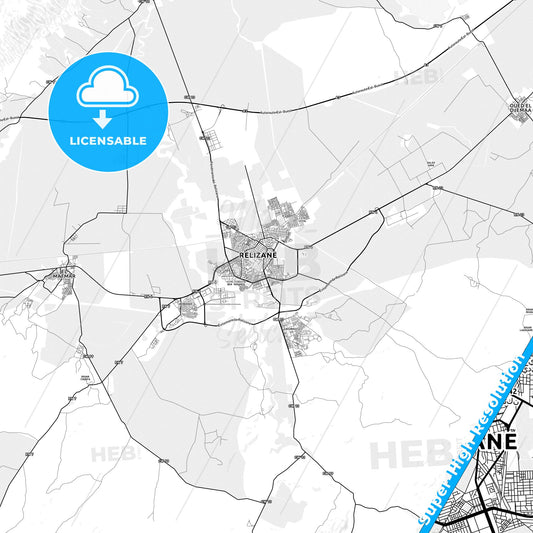Relizane, Algeria light map with streetnames, citynames and districts