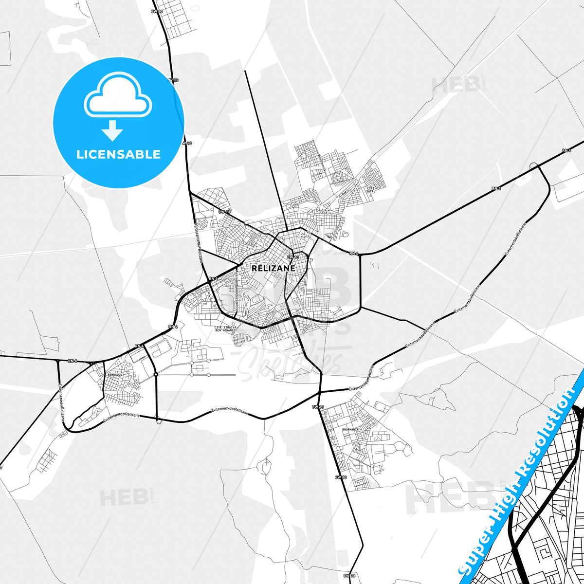 Relizane, Algeria Light Map with Street Names, City Names, and Districts