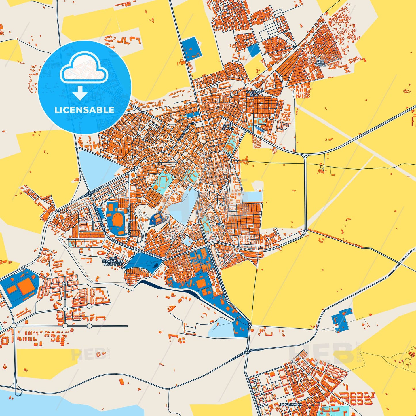 Colorful Relizane Street Map with Labels and Buildings