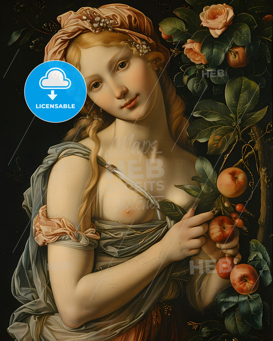 Renaissance Painting Eve Apple Flowers Art Artwork Woman