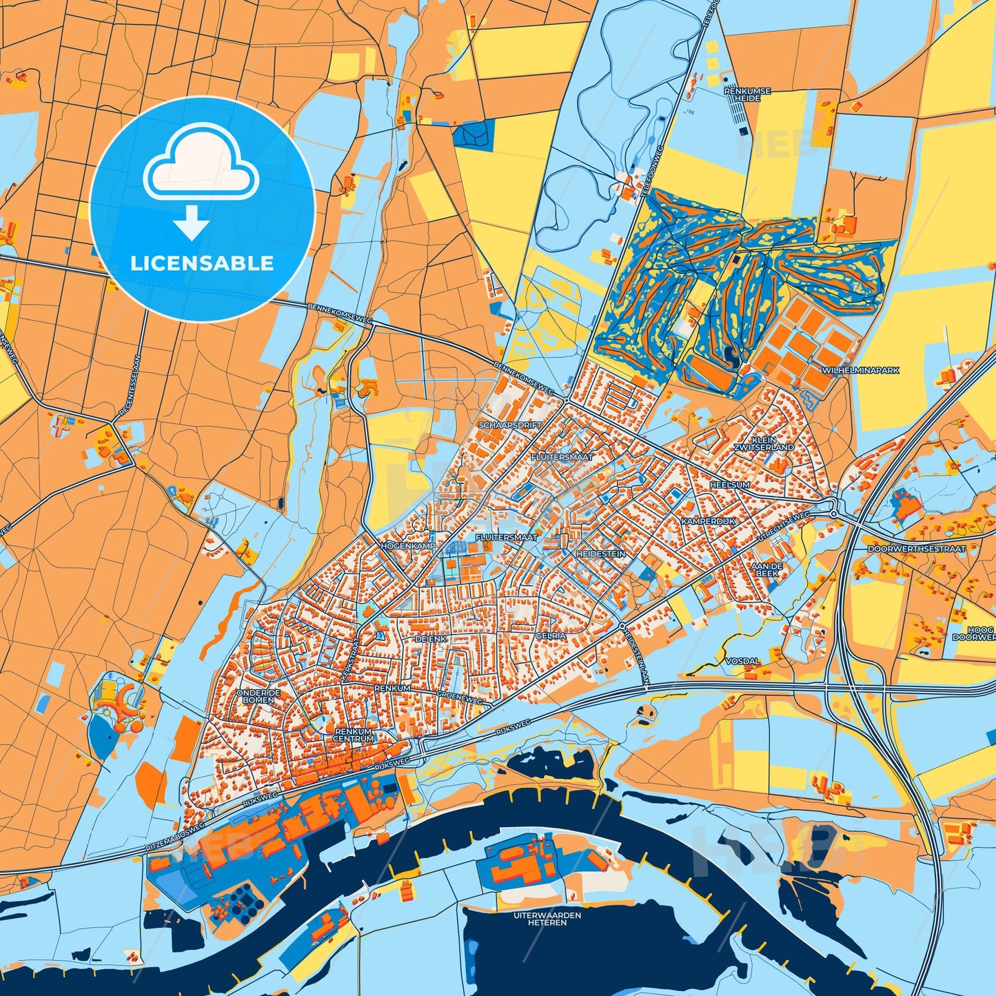 Colorful Renkum Street Map with Labels and Buildings
