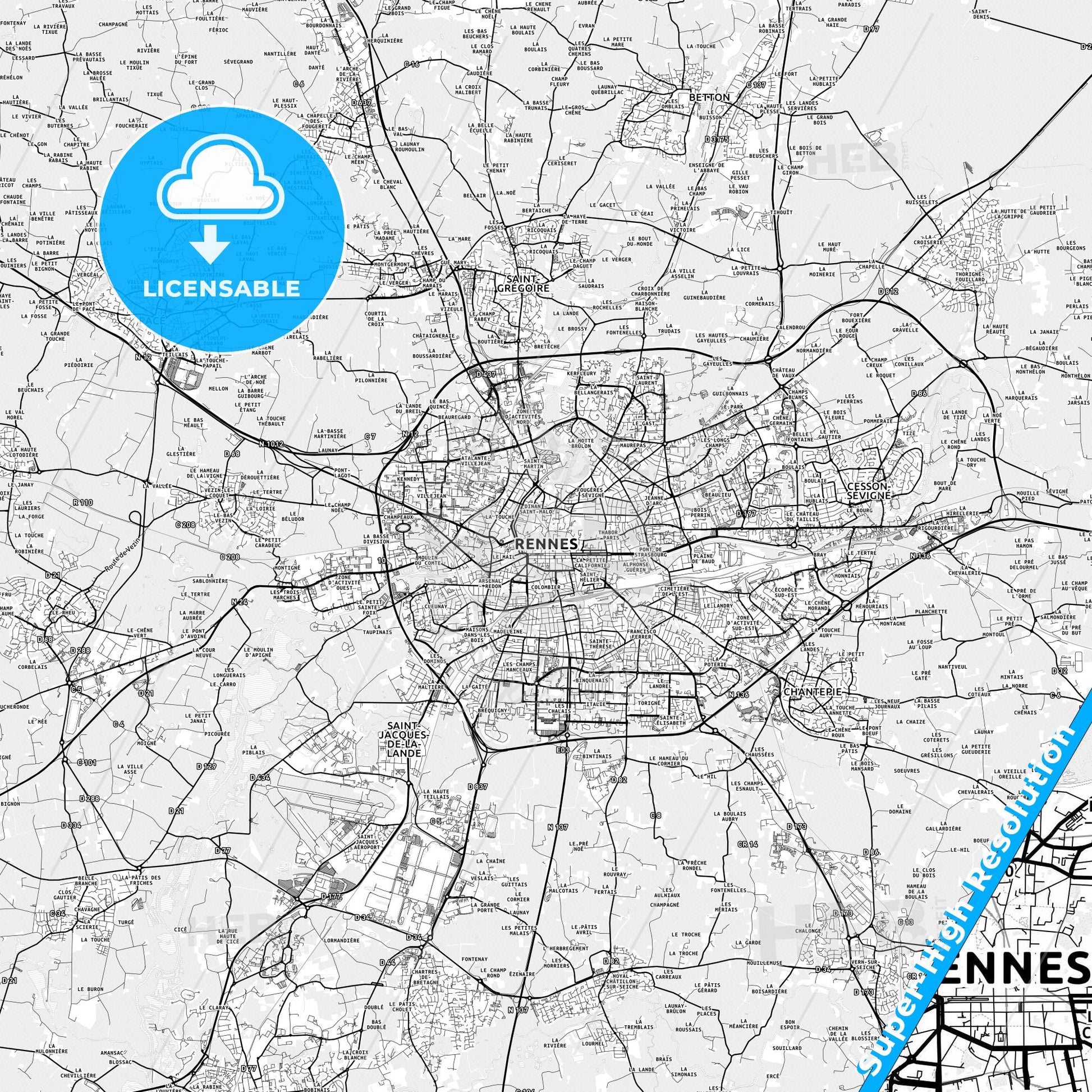 Rennes, France light map with streetnames, citynames and districts