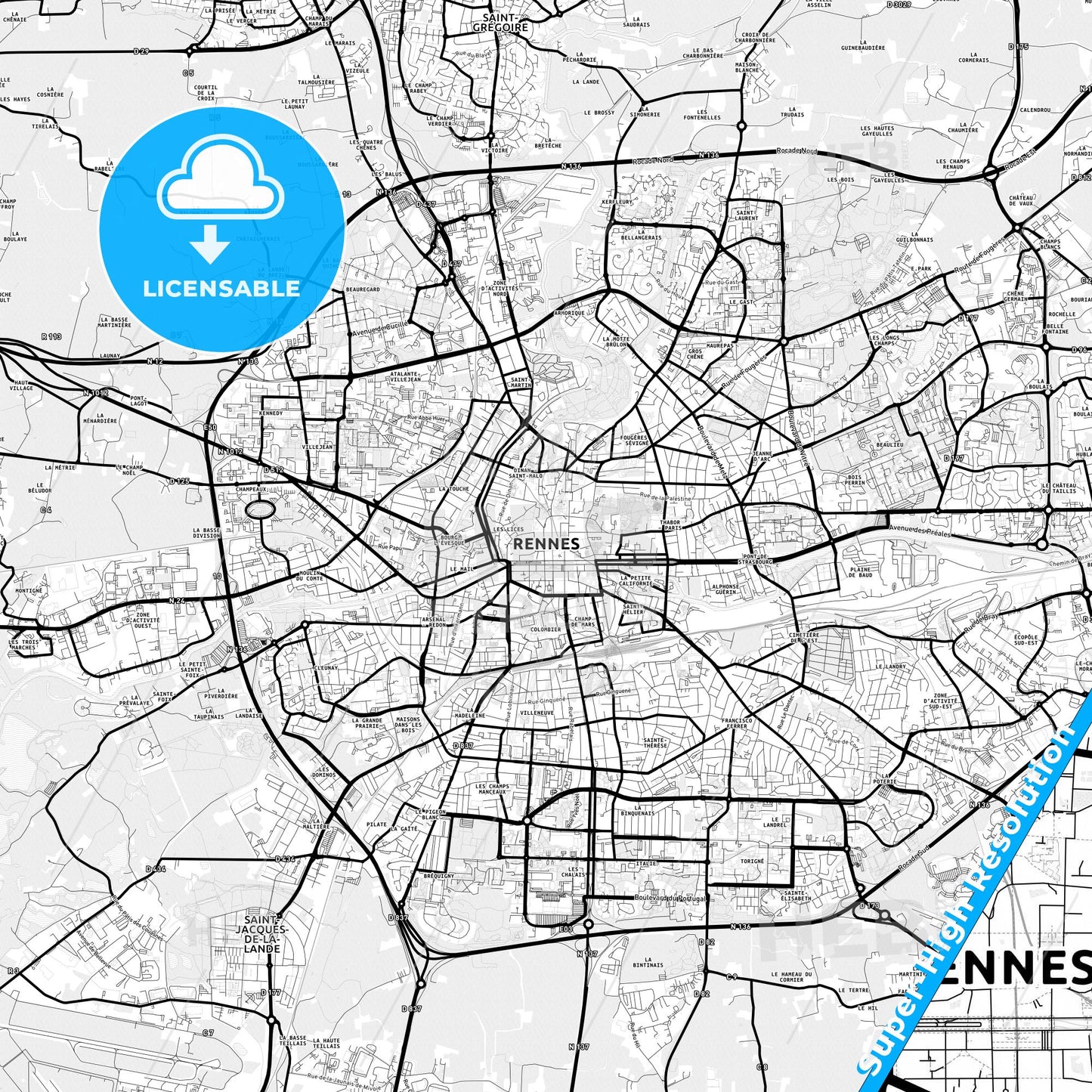 Rennes, France Light Map with Street Names, City Names, and Districts