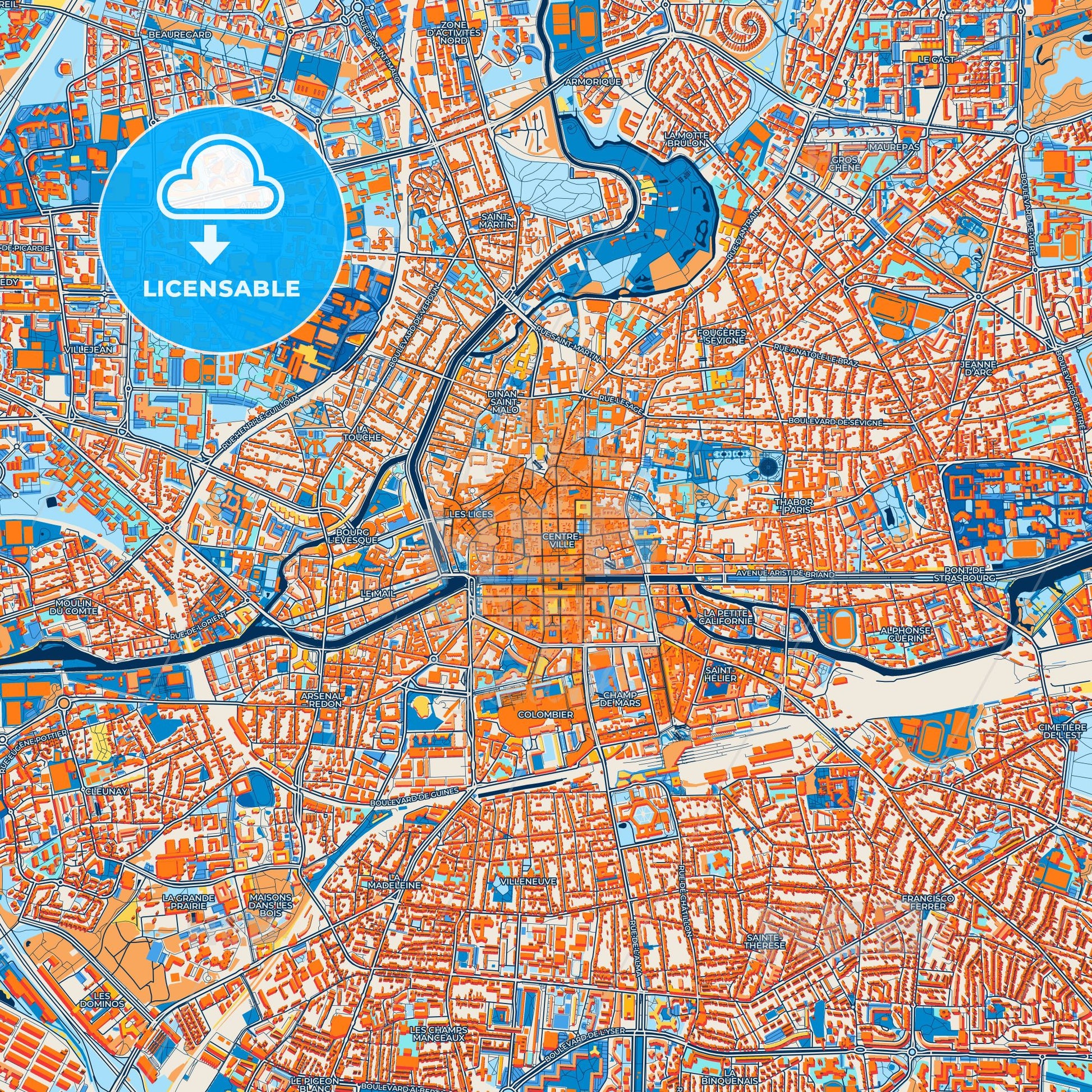 Colorful Rennes Street Map with Labels and Buildings