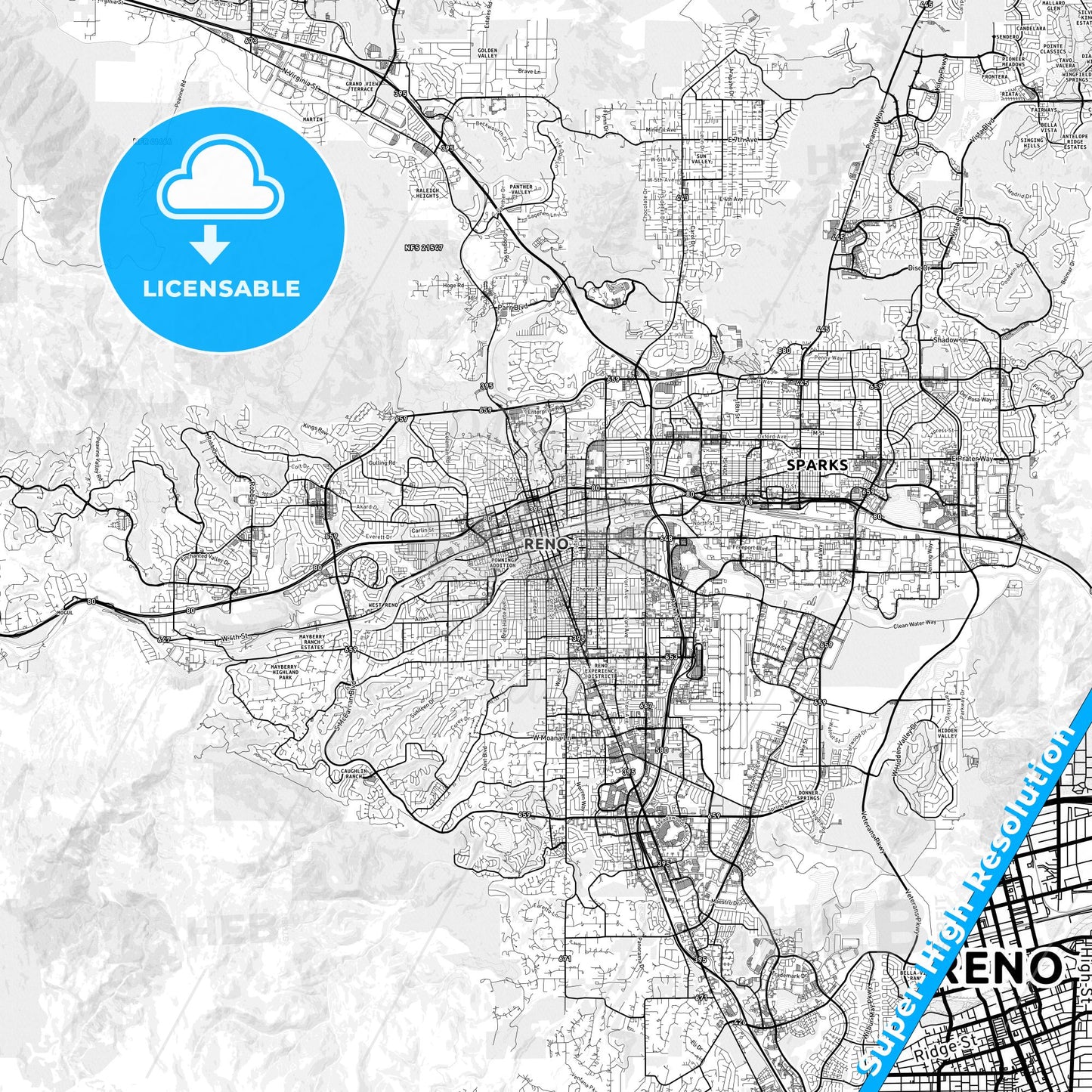 Reno, Nevada light map with streetnames, citynames and districts