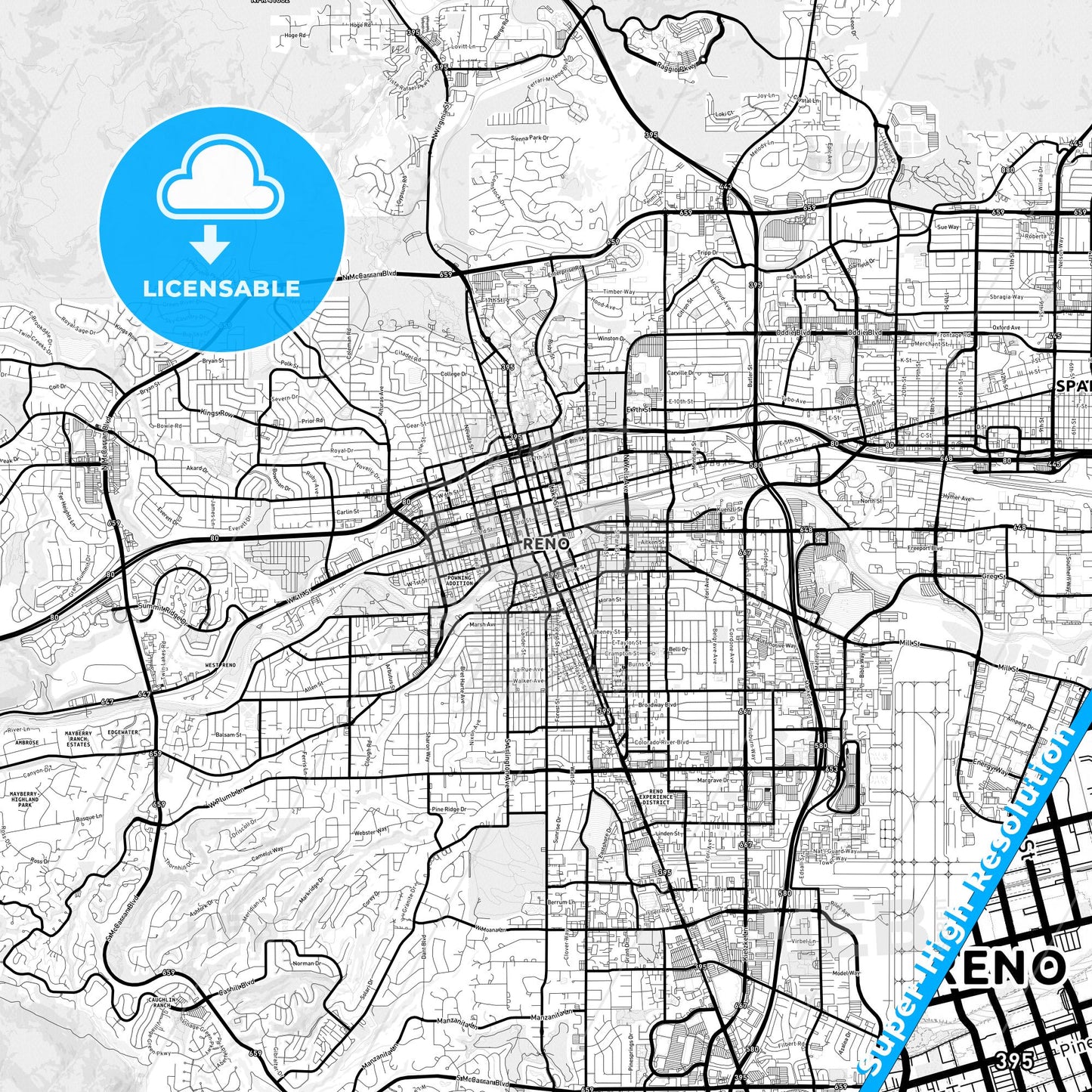 Reno, Nevada Light Map with Street Names, City Names, and Districts