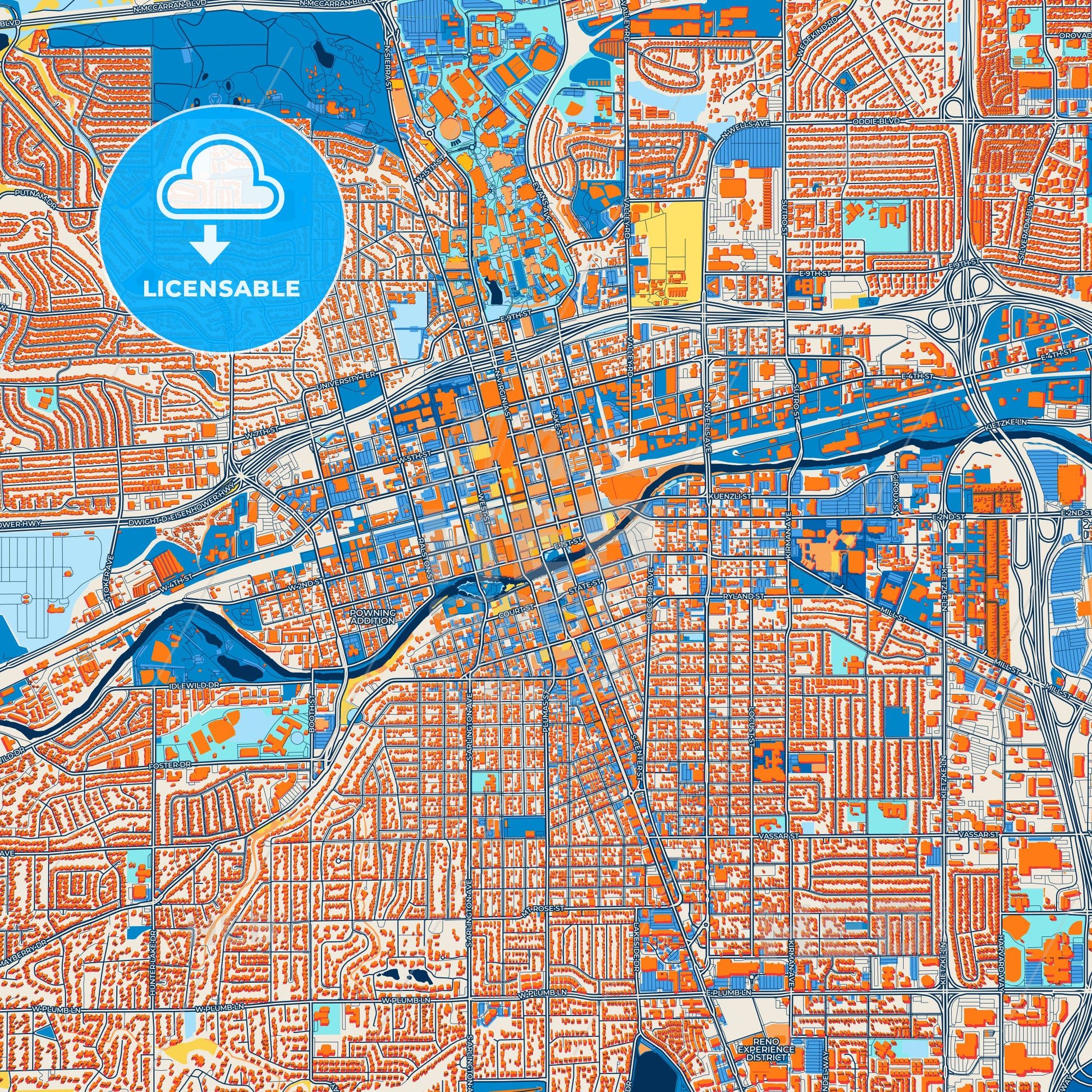 Colorful Reno Street Map with Labels and Buildings
