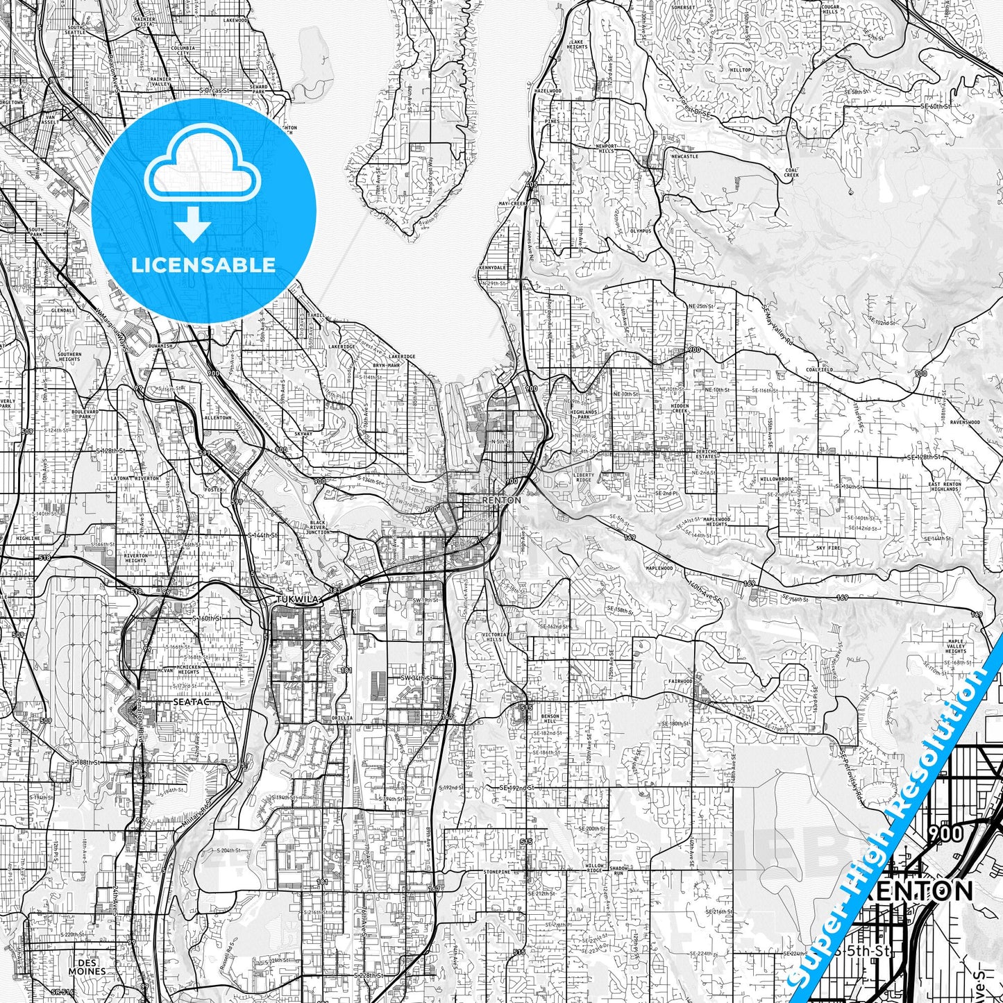 Renton, Washington light map with streetnames, citynames and districts