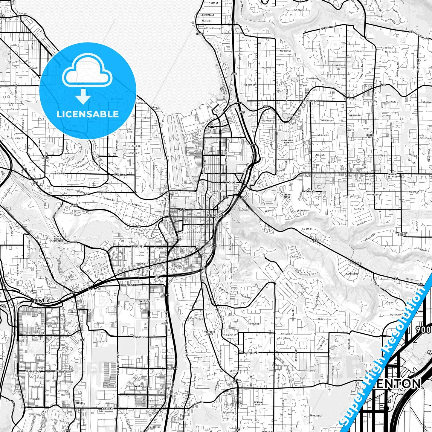 Renton, Washington Light Map with Street Names, City Names, and Districts