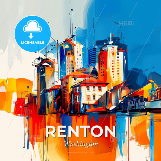 Vibrant Renton, Washington - A Painting Of A City - Square format print template