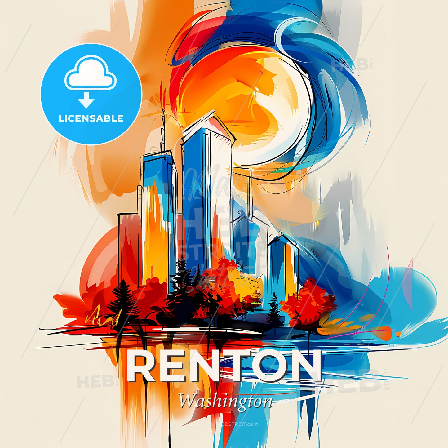 Vibrant Renton, Washington - A Painting Of A City - Square format print template