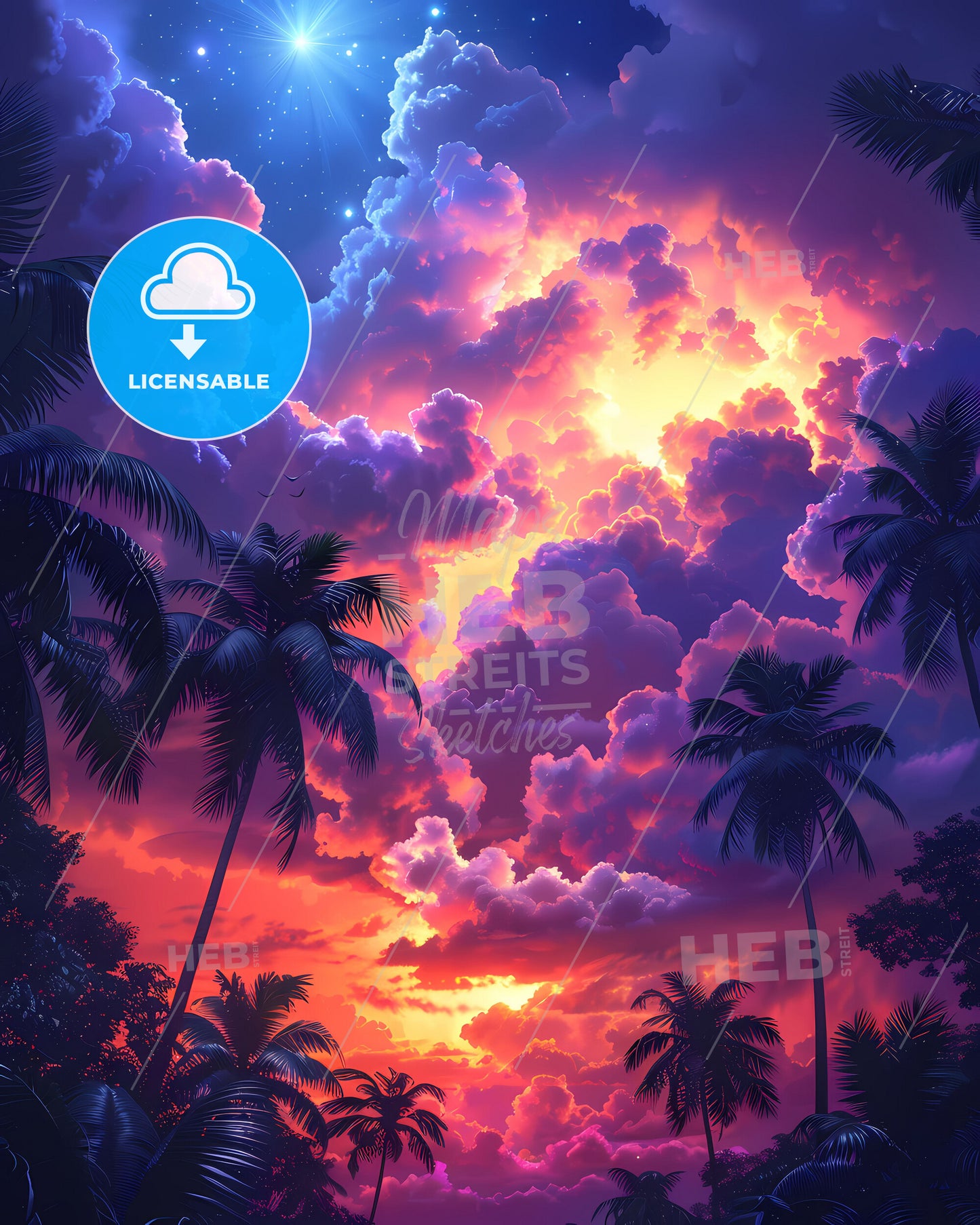 Colorful Clouds and Palm Trees Painting from the Republic of the Congo, Africa