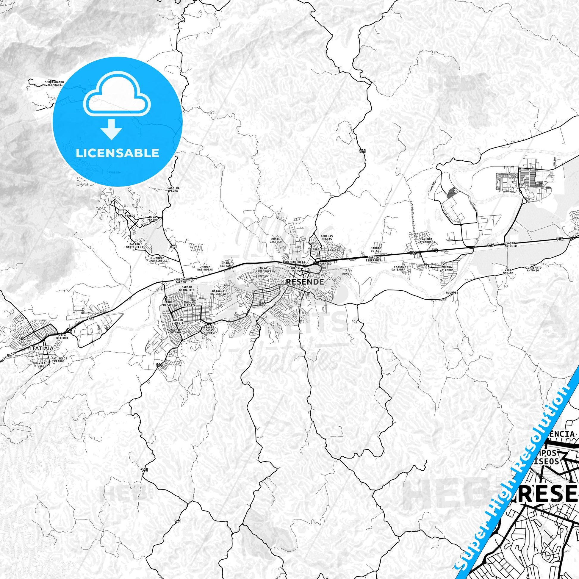 Resende, Brazil light map with streetnames, citynames and districts