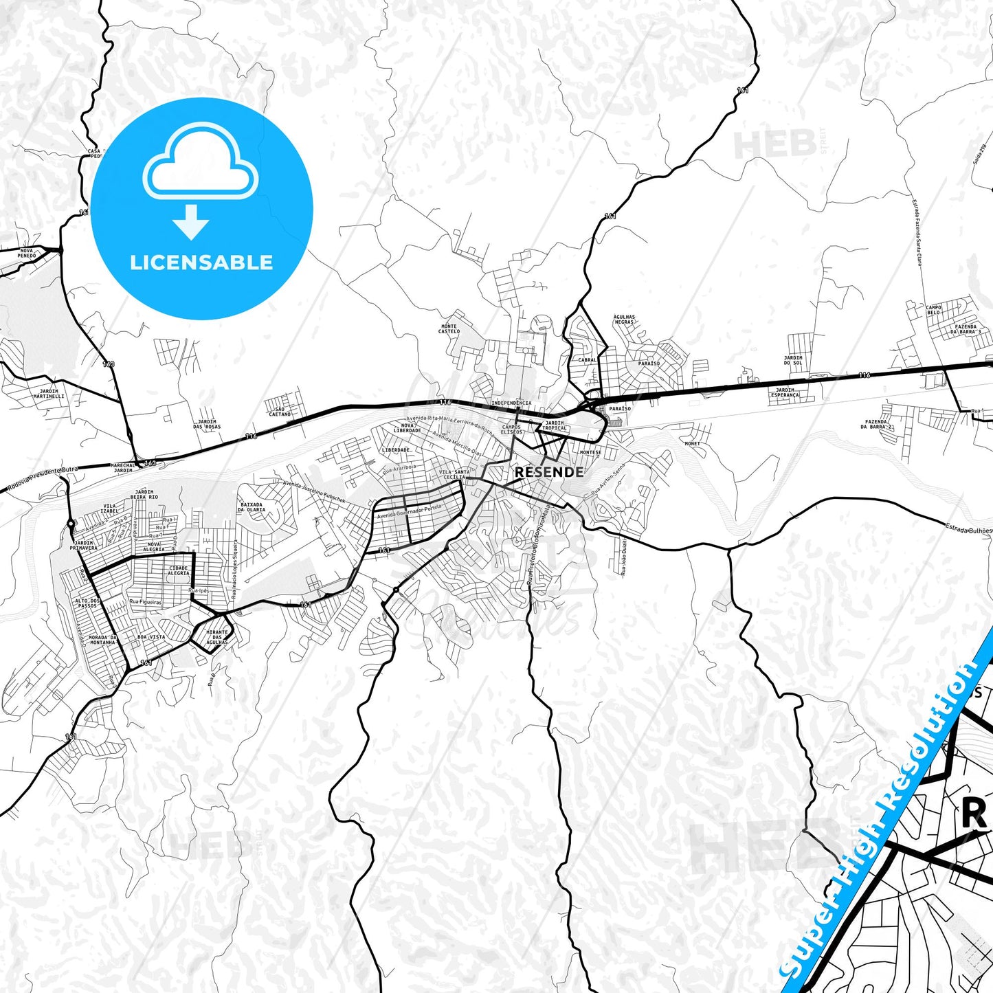 Resende, Brazil Light Map with Street Names, City Names, and Districts