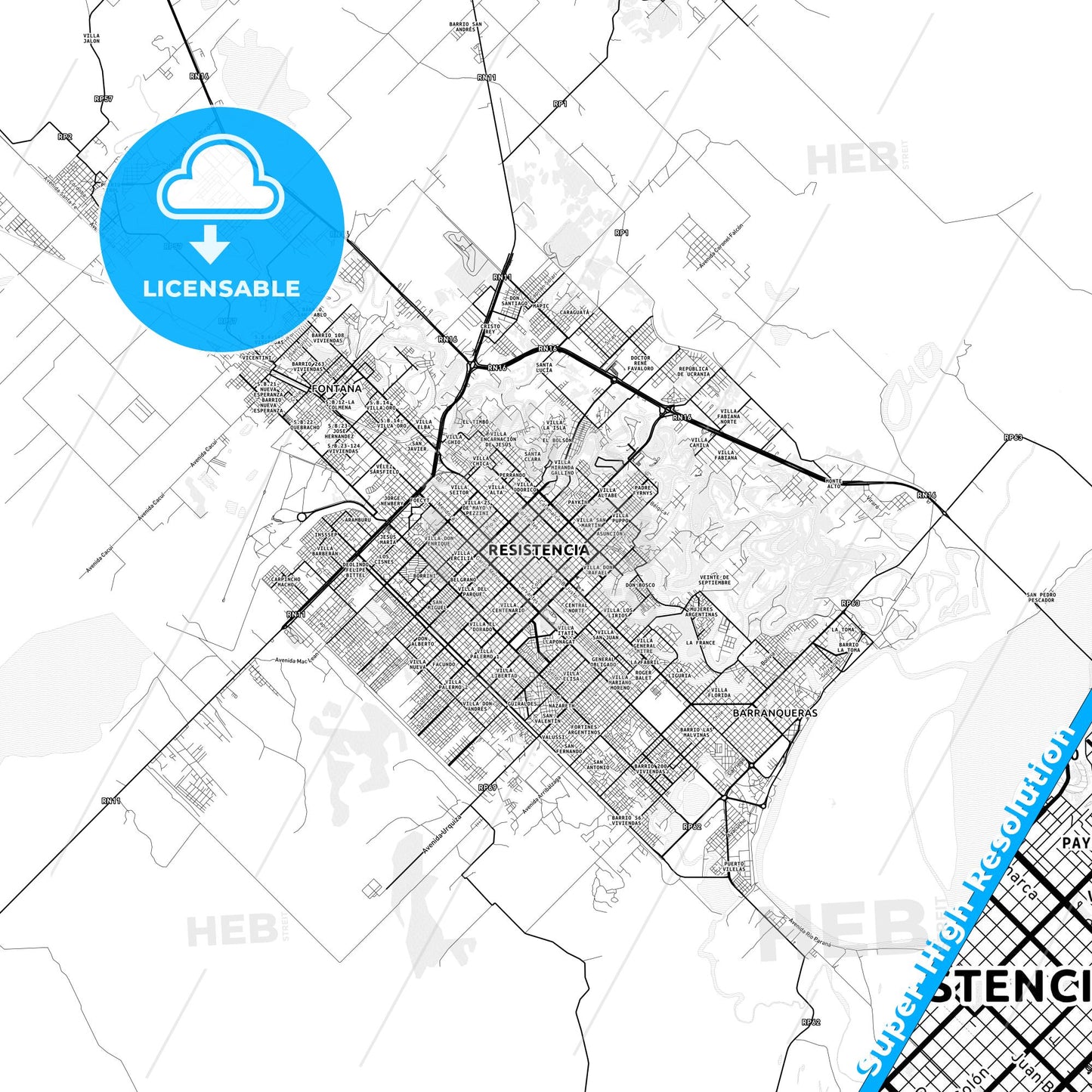 Resistencia, Argentina light map with streetnames, citynames and districts
