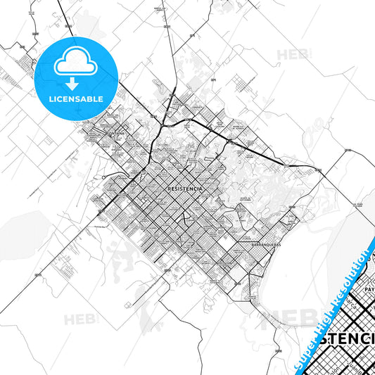 Resistencia, Argentina light map with streetnames, citynames and districts