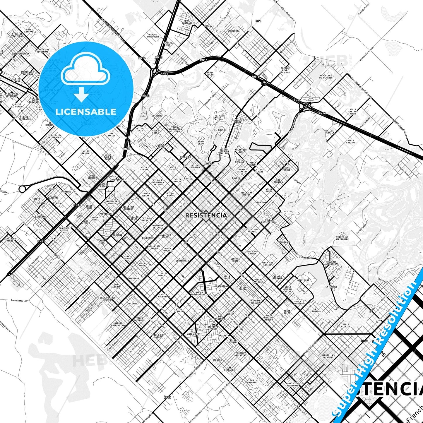 Resistencia, Argentina Light Map with Street Names, City Names, and Districts