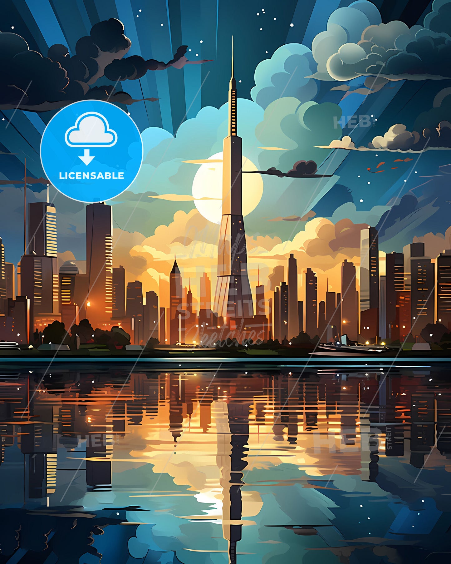 Vibrant Cityscape Painting: Resistencia Argentina Skyline with Tower and River