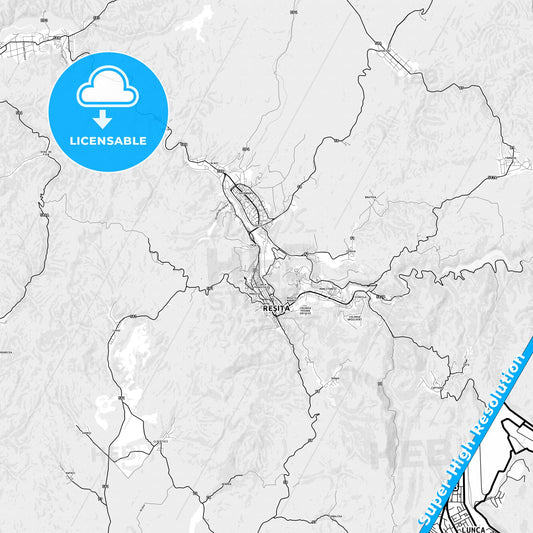 Reșița, Romania light map with streetnames, citynames and districts