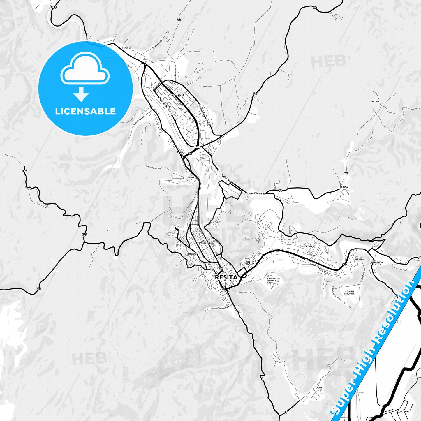 Reșița, Romania Light Map with Street Names, City Names, and Districts