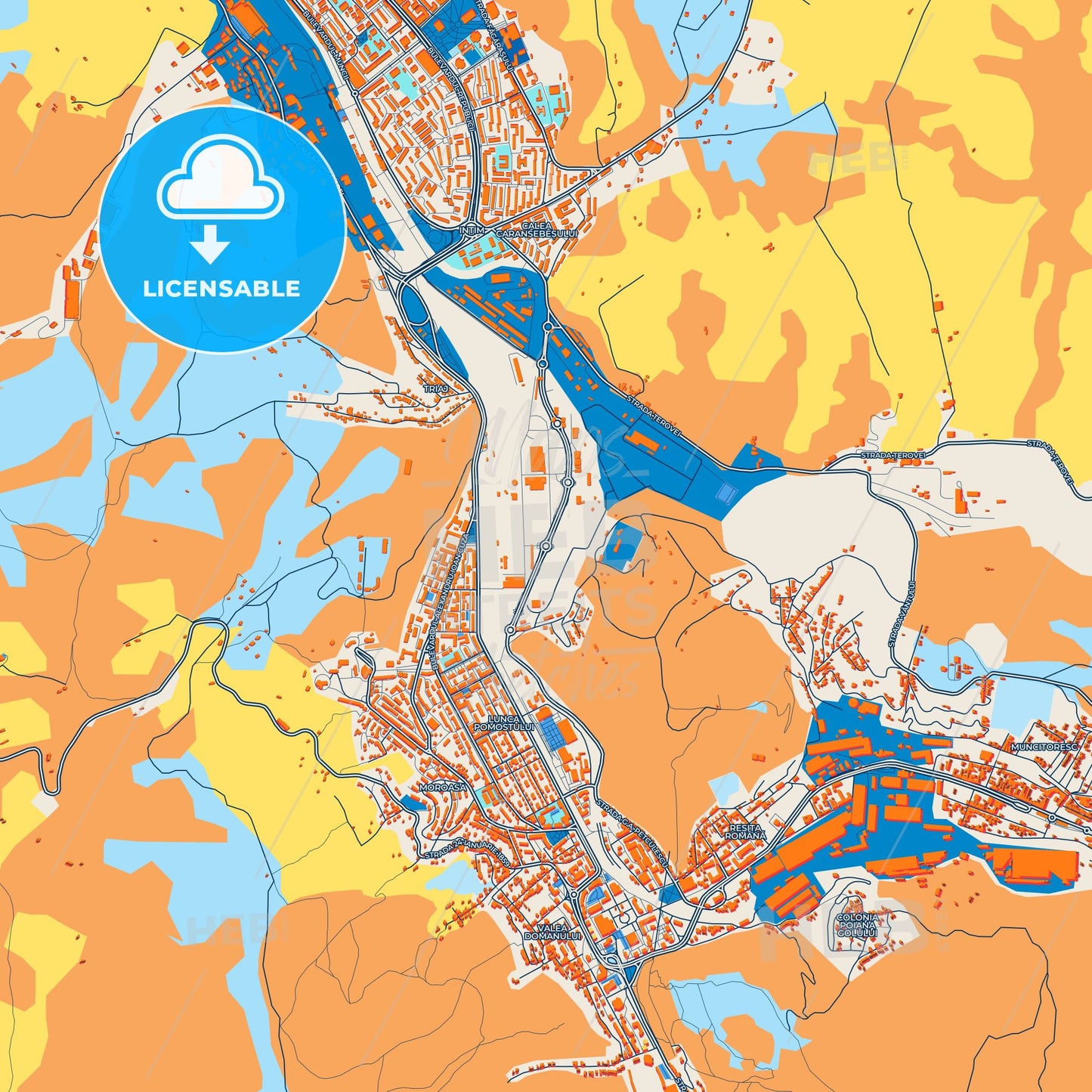 Colorful Reșița Street Map with Labels and Buildings