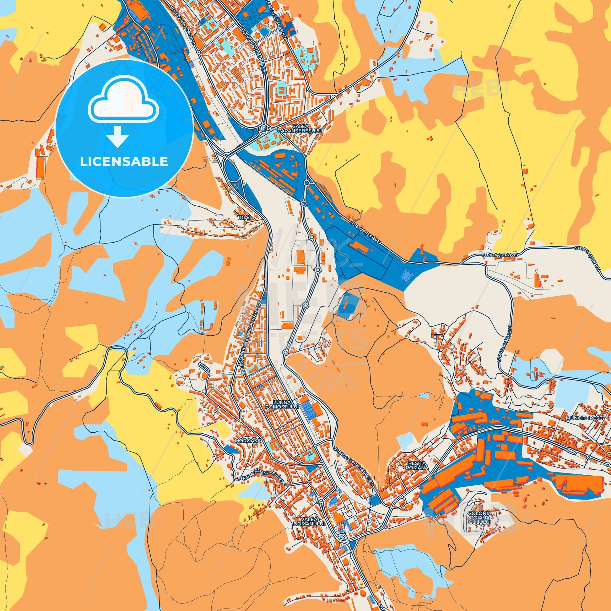 Colorful Reșița Street Map with Labels and Buildings