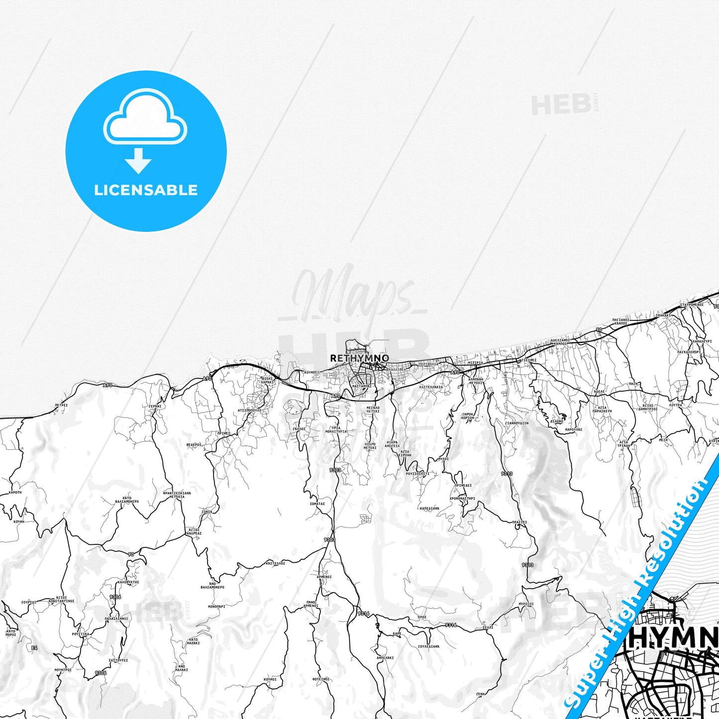 Rethymno, Greece light map with streetnames, citynames and districts