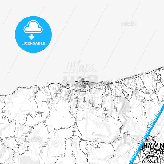 Rethymno, Greece light map with streetnames, citynames and districts