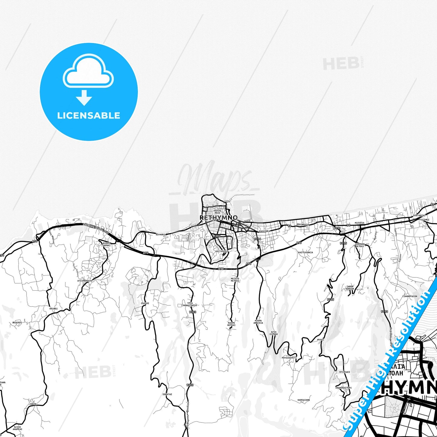 Rethymno, Greece Light Map with Street Names, City Names, and Districts
