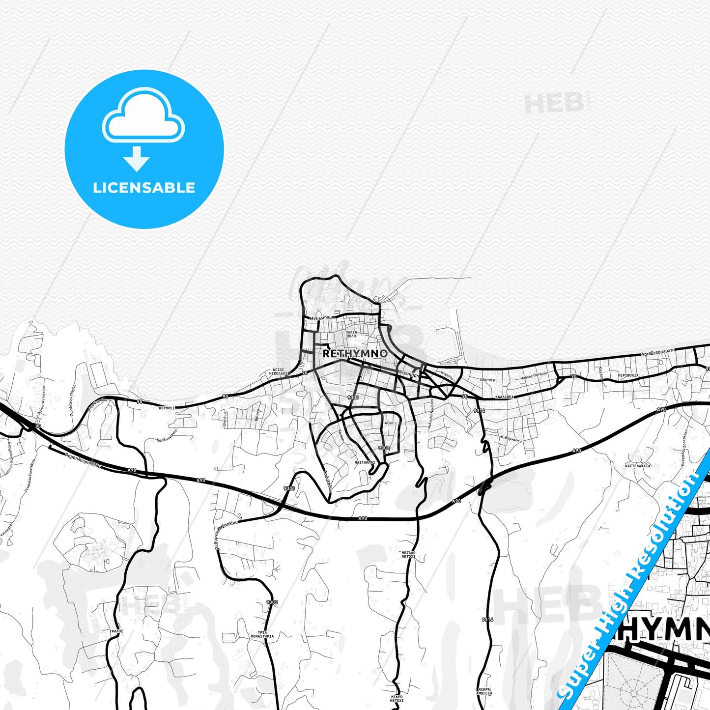 Rethymno, Greece Light Map with Street Names, City Names, and Districts