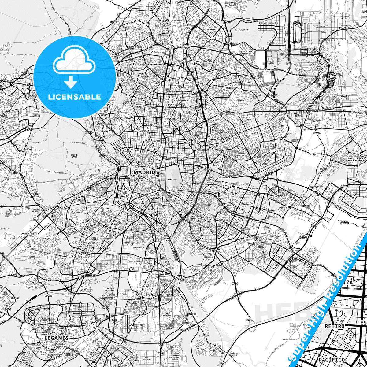 Retiro, Spain light map with streetnames, citynames and districts