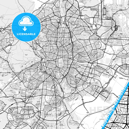 Retiro, Spain light map with streetnames, citynames and districts