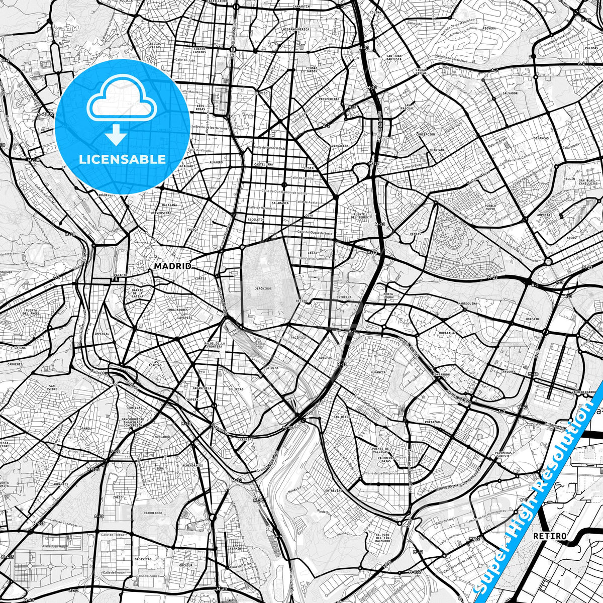 Retiro, Spain Light Map with Street Names, City Names, and Districts