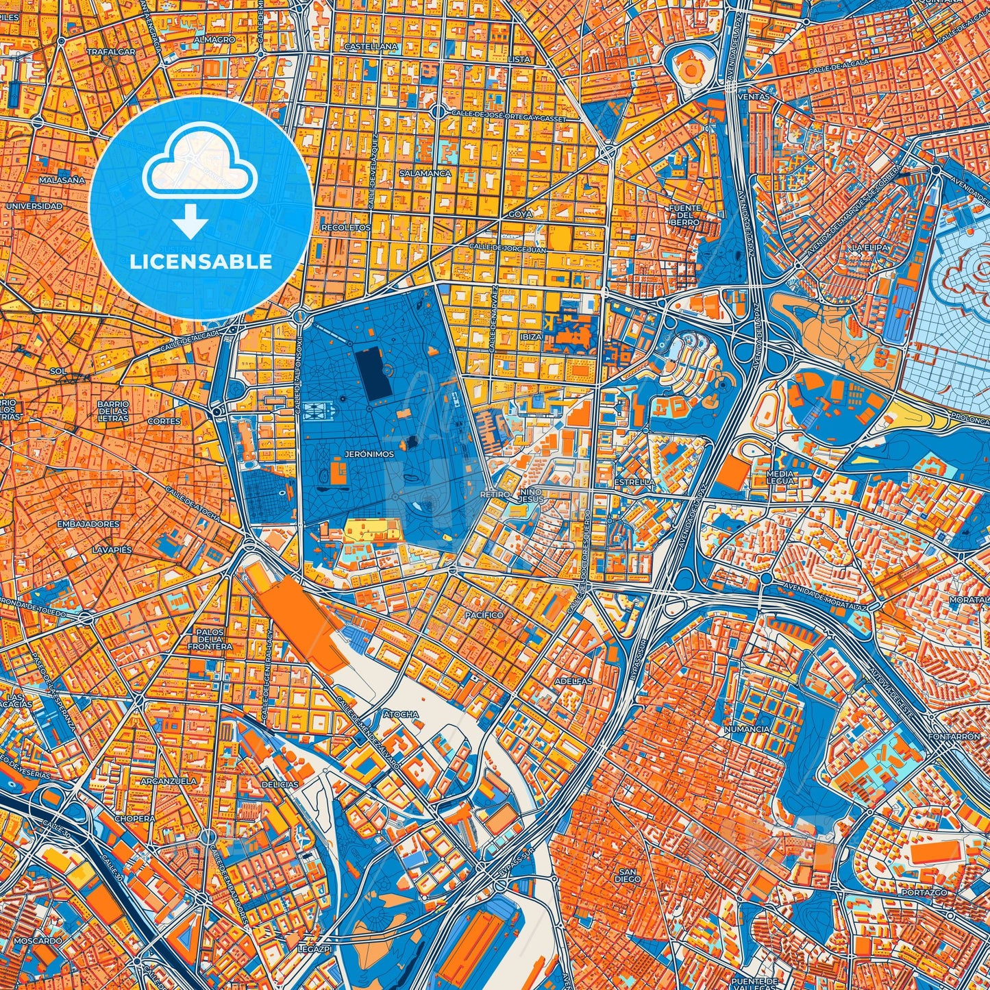 Colorful Retiro Street Map with Labels and Buildings