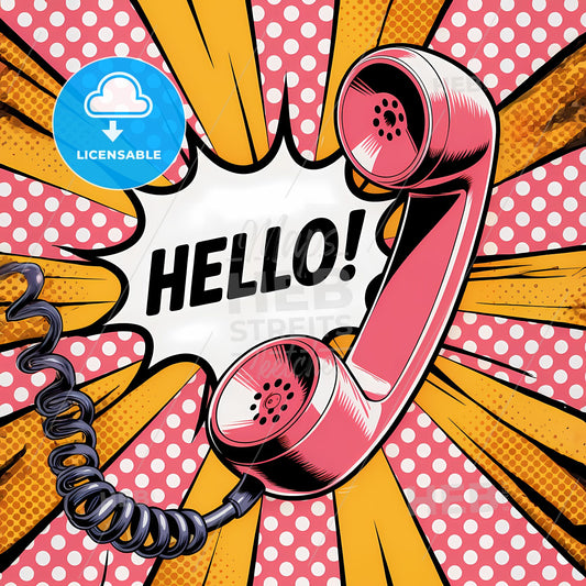 Retro Chic: Pop Art Pink Telephone with Whimsical Comic Burst Background
