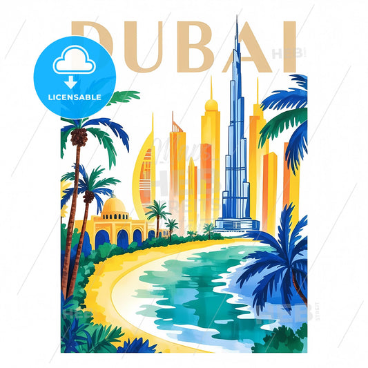 Retro Dubai Dreams: Art Deco Cityscape in Tropical Paradise