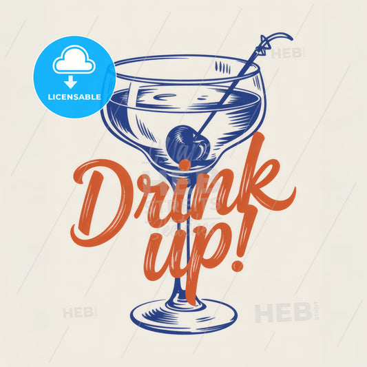 Retro Minimalist Cocktail Print: Blue Line Art with Cherry & 'Drink Up!' Text