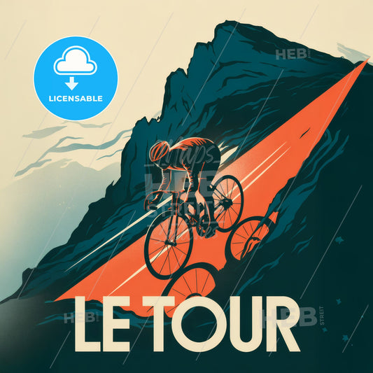 Retro Minimalist Cycling Art: Bold Teal Mountain & Vibrant Orange Accent Print