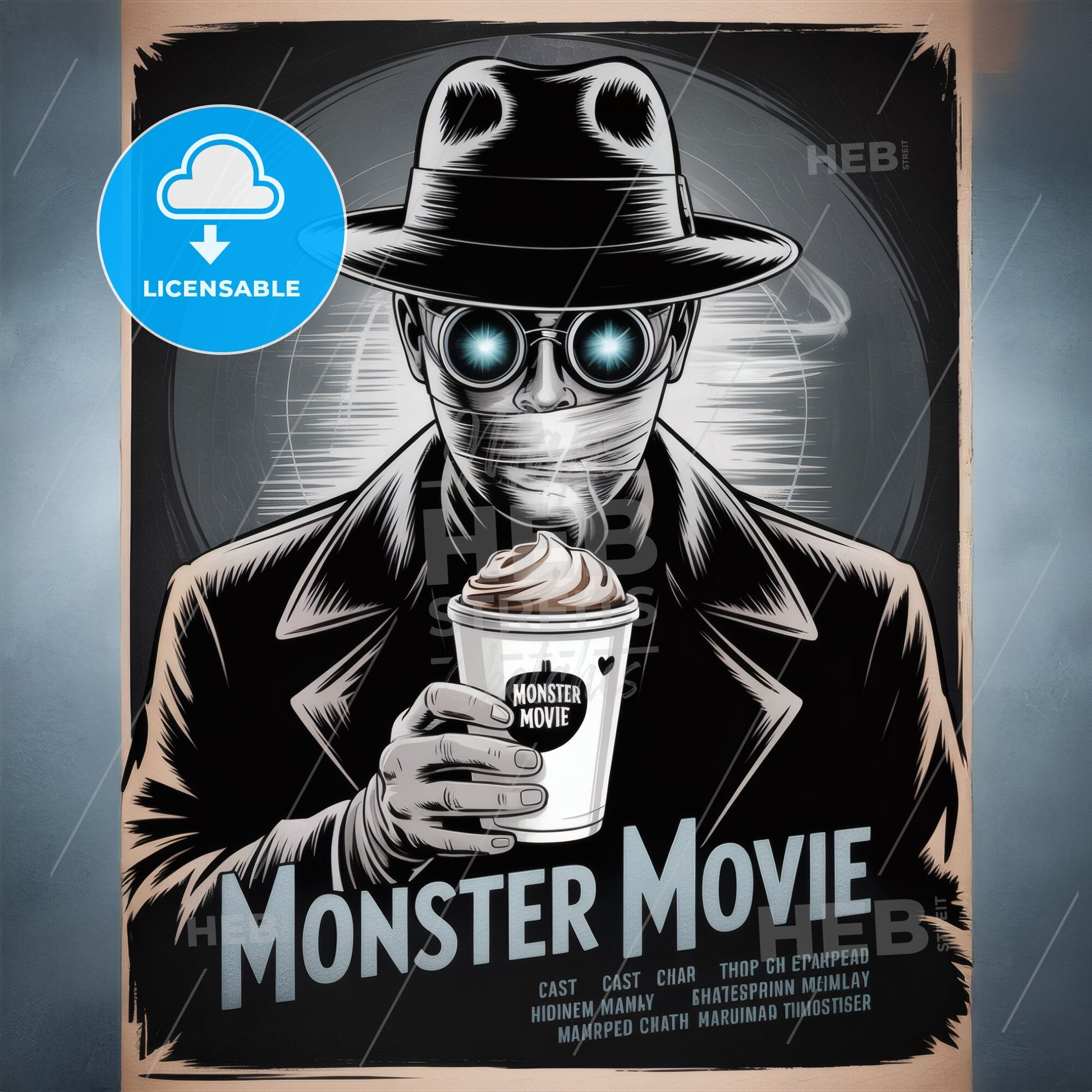 Retro Monster Movie Poster Featuring a Mysterious Character with Sunglasses and Coffee
