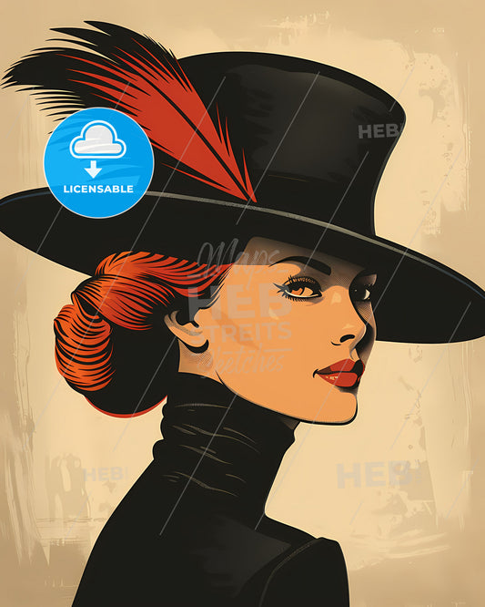 Edwardian-Era Woman with Red Hair and Dramatic Black Hat: Vibrant Art Nouveau Painting