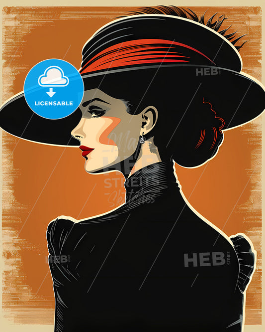 Colorful Edwardian Art Deco Poster of an Elegant Woman with Dramatic Hat