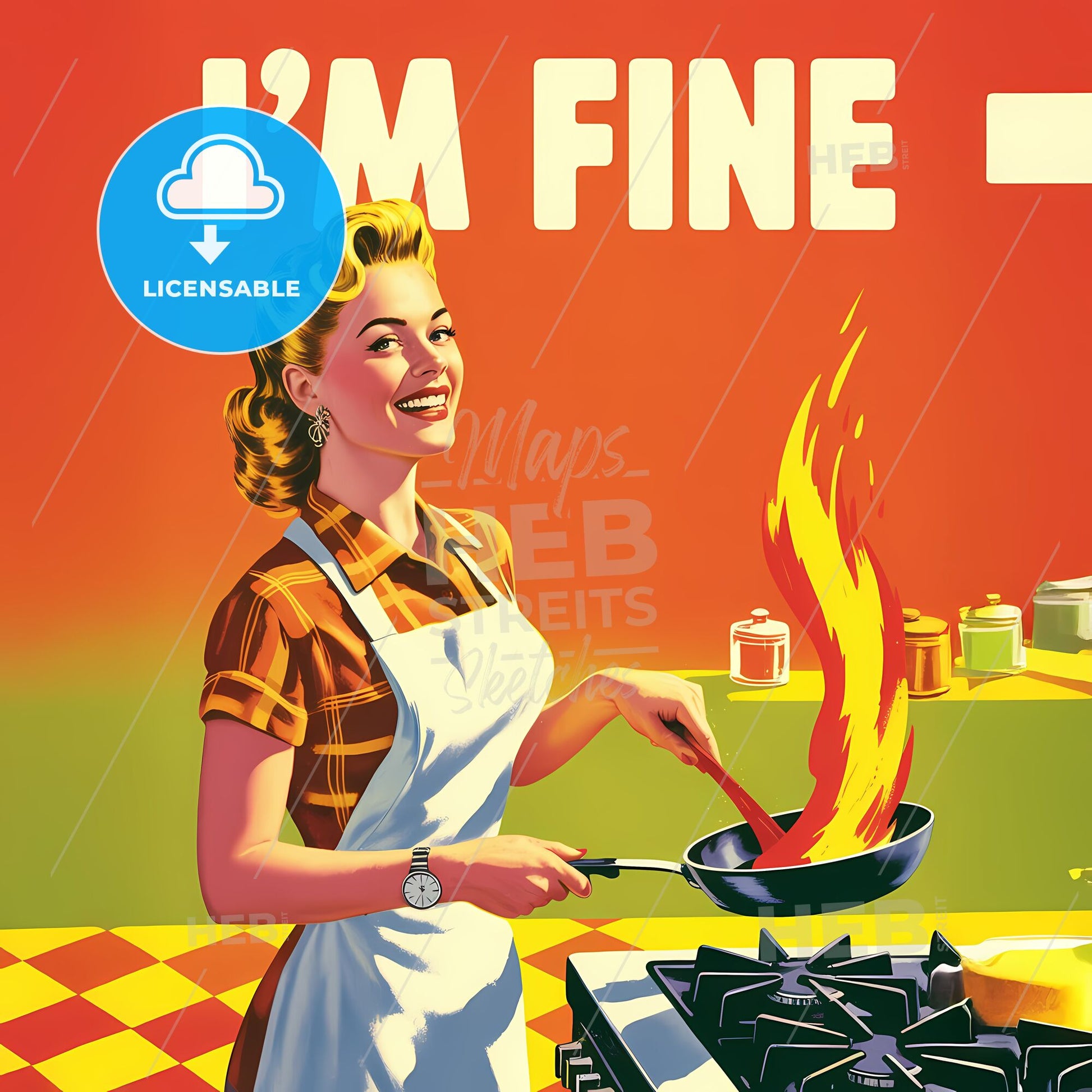Retro Radiance: Vintage Housewife in Fiery Kitchen Joy