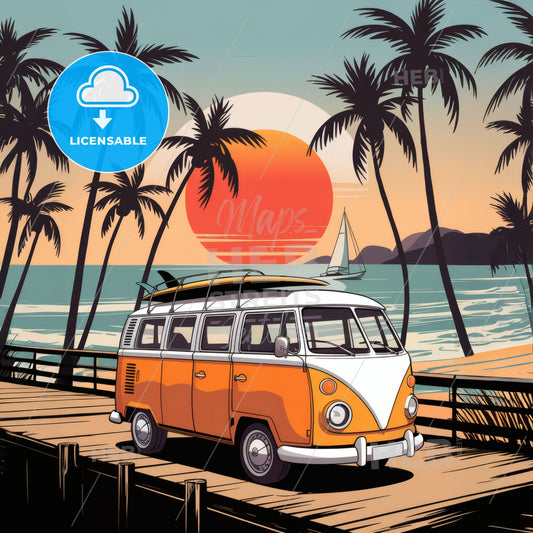 Retro Surf Vibes: Classic VW Bus at Sunset on a Tropical Pier with Palm Silhouettes